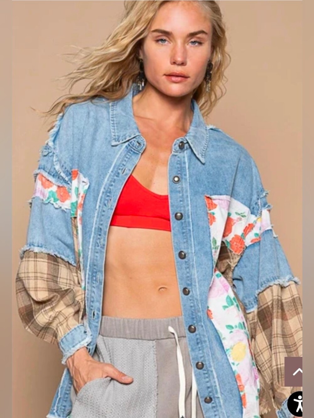 NEW!! POL OVERSIZED Mixed Fabric Button Down Shacket in Denim, NWT